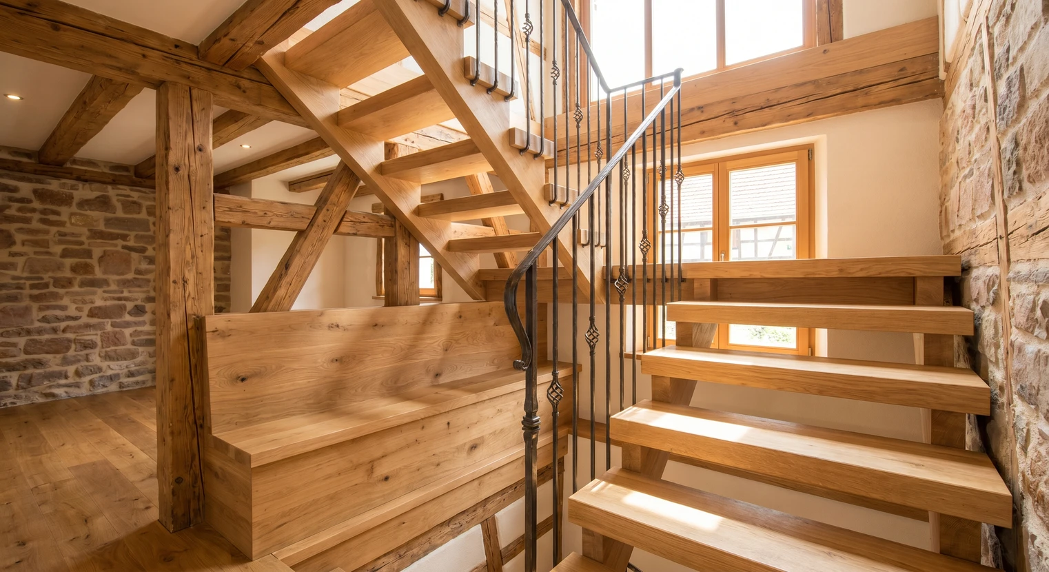 Escalier intérieur en bois clair et métal, de style alpin ou artisanal traditionnel, photographié dans un atelier ou un intérieur rustique. L'escalier doit montrer l'artisanat du bois (teintes naturelles, finitions soignées), avec des marches massives en bois régional et des éléments de métal forgé ou travaillé, typiques du savoir-faire alsacien. La scène doit transmettre l'authenticité, la qualité artisanale et l'héritage temporel, plutôt que la modernité épurée.