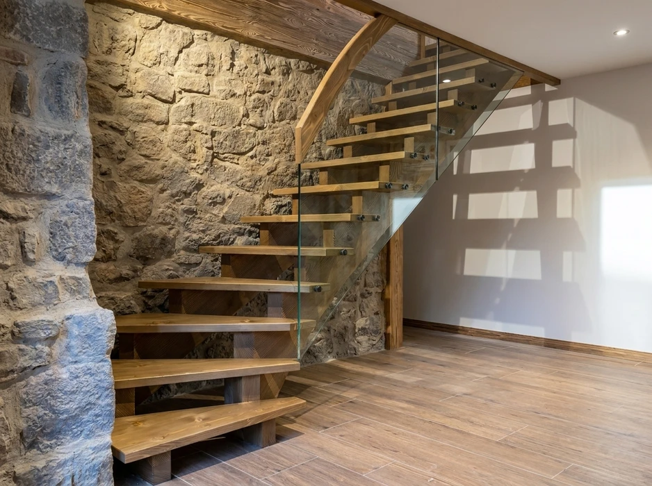 Escalier intérieur moderne combinant béton ciré gris clair et contremarches en bois massif type chêne naturel