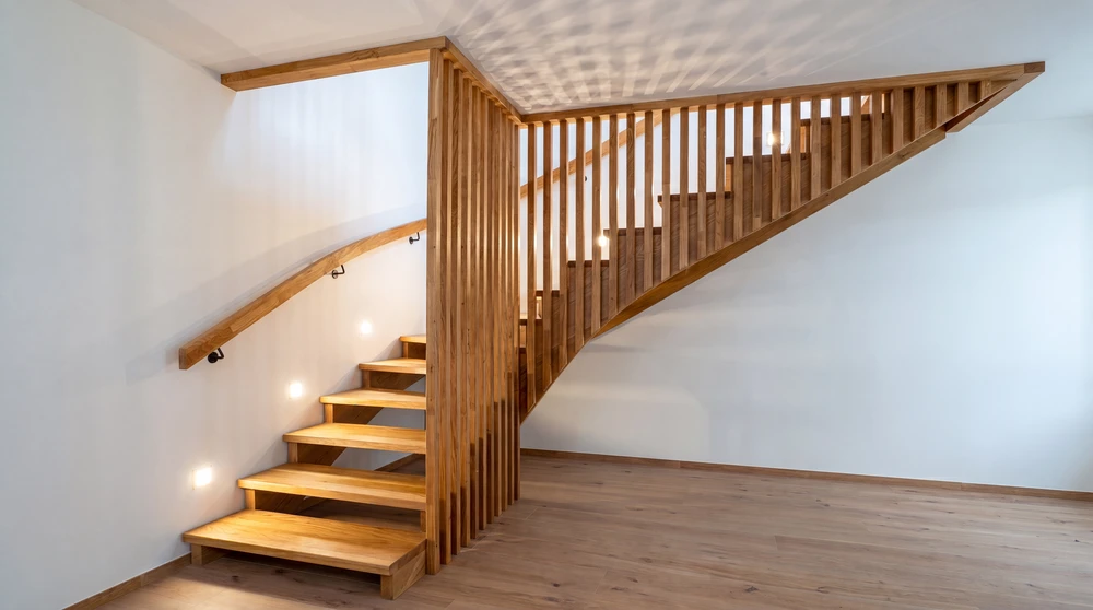Escalier en bois massif vu de dessus, encadré d'une rambarde en verre trempé à joints noirs, menant à une cave en pierre apparente