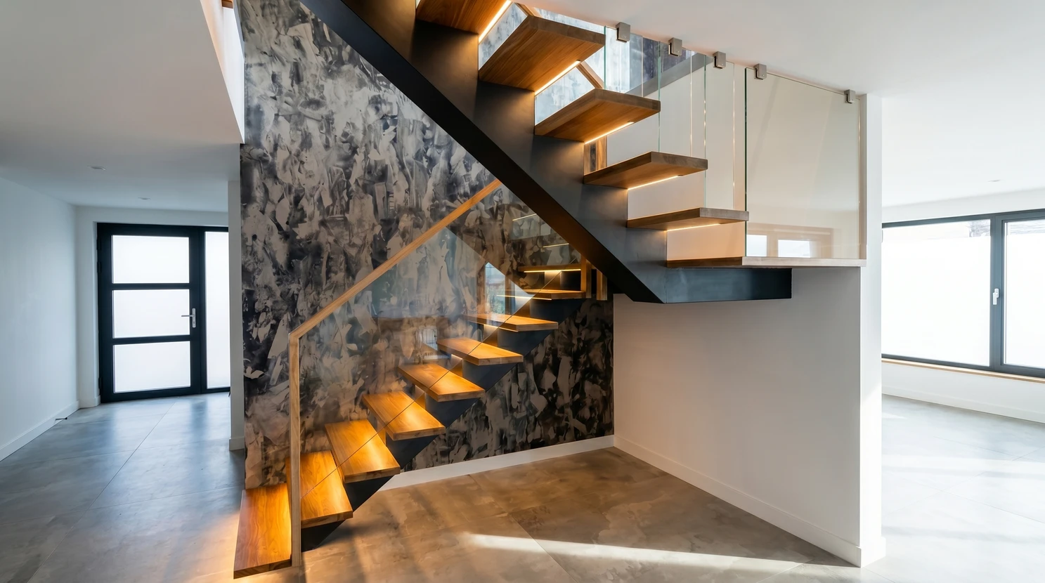 Escalier intérieur moderne à limon central en béton blanc, marches en bois massif type teck ou bambou, sans contremarches (escalier ajouré)