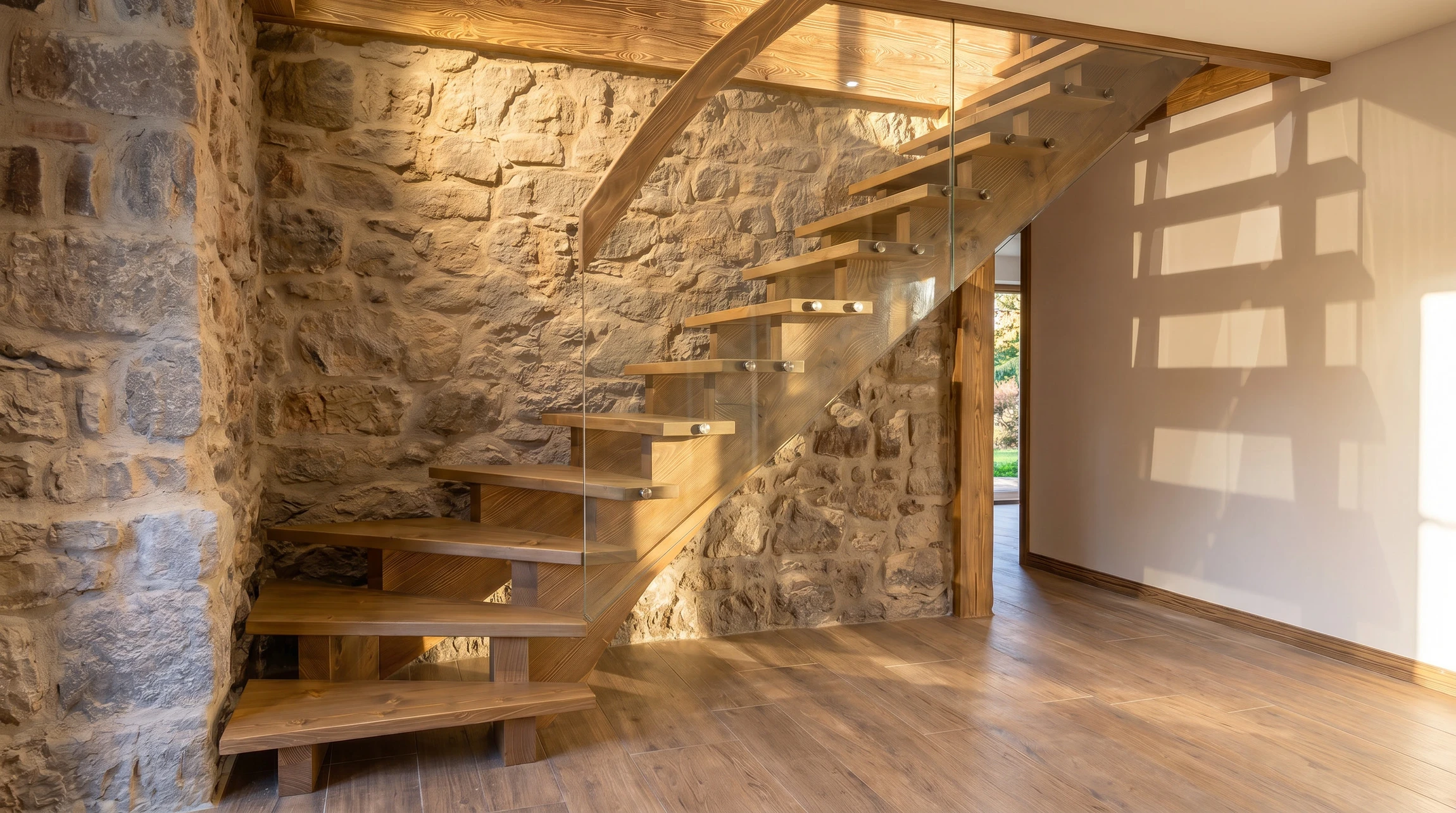 Escalier intérieur en bois massif avec rampe tournante et balustres sculptés