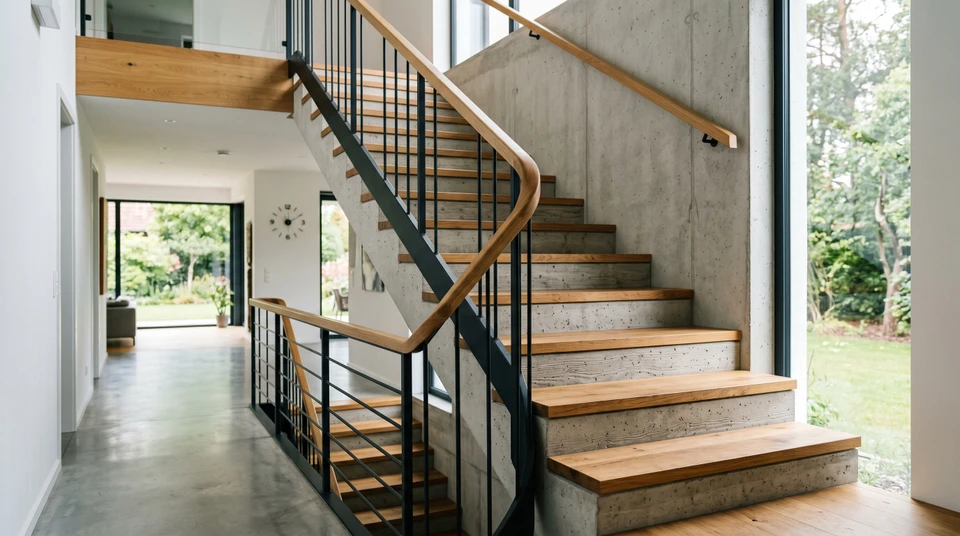 Escalier intérieur résidentiel béton gris avec marches partiellement recouvertes de bois massif clair en cours de pose. Au premier plan, quelques marches en béton brut sont visibles, puis progressivement les marches se transforment avec un revêtement en bois chaud et brillant qui recouvre le béton. La rampe en bois épousant la forme de l'escalier est visible. Éclairage naturel mettant en avant la texture et la chaleur du bois contre le béton gris. Vue de trois-quarts permettant de bien voir la transformation progressive.