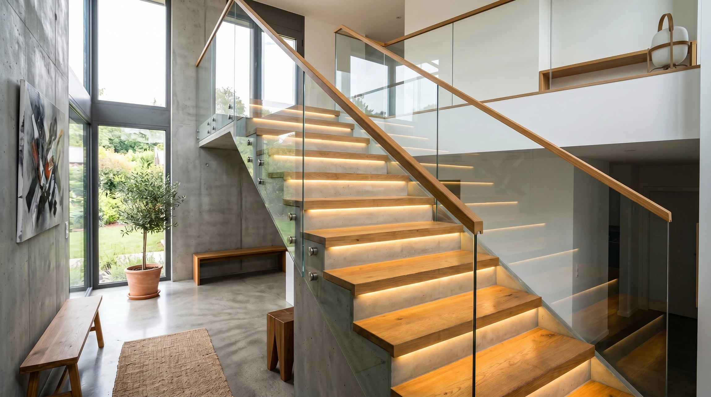 Photographie d'un escalier intérieur haut de gamme montrant clairement un revêtement en bois noble recouvrant une structure en béton. L'escalier présente des marches revêtues de bois massif aux teintes chaleureuses, avec une rampe en bois travaillé et des garde-corps contemporains. L'intérieur d'une maison alsacienne moderne ou traditionnelle, avec un éclairage naturel mettant en valeur le grain et la finition du bois. L'image doit illustrer le contraste entre la solidité du béton et l'élégance apportée par le revêtement en bois.