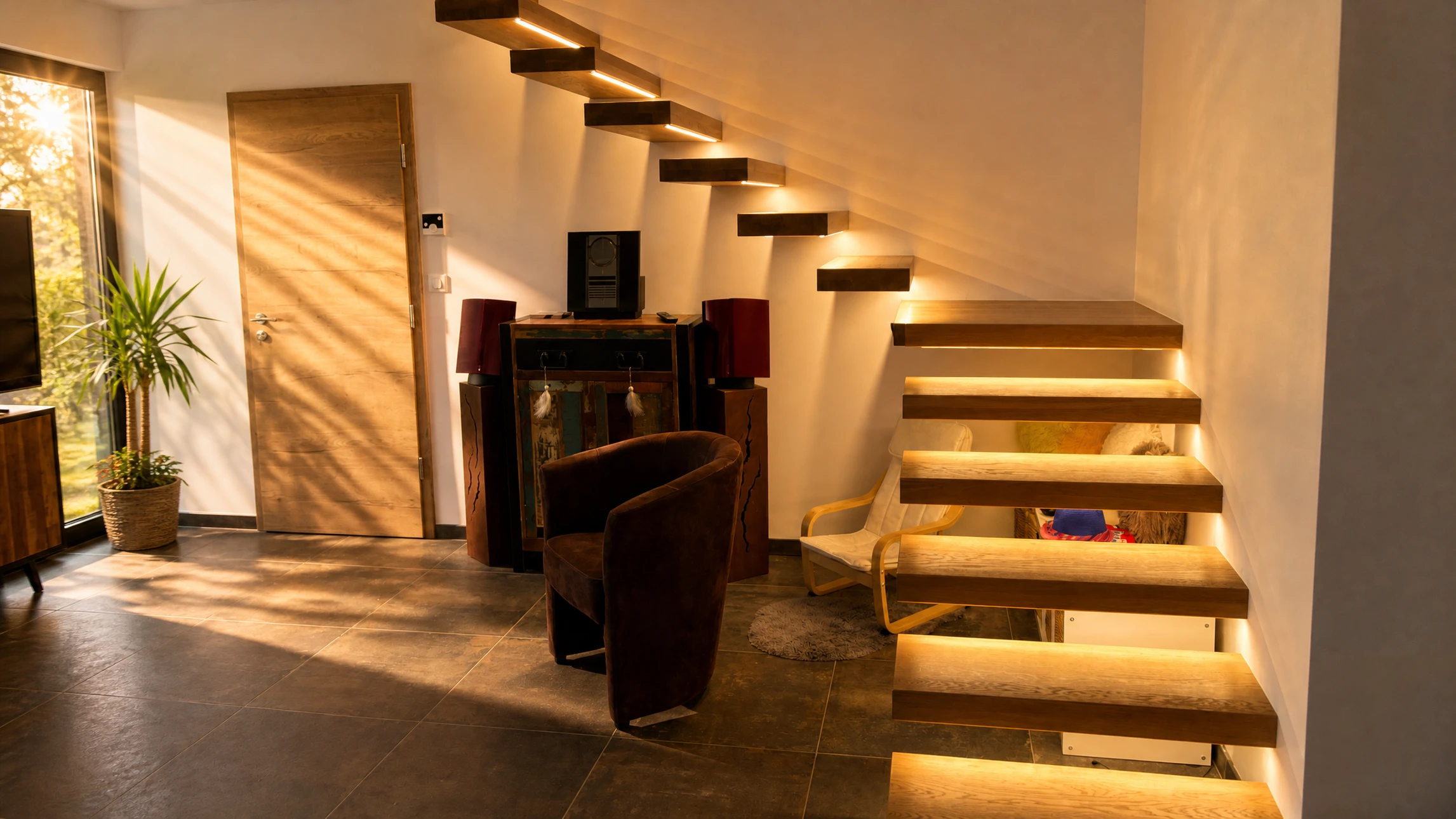 Intérieur moderne minimaliste avec escalier flottant en bois massif fixé au mur